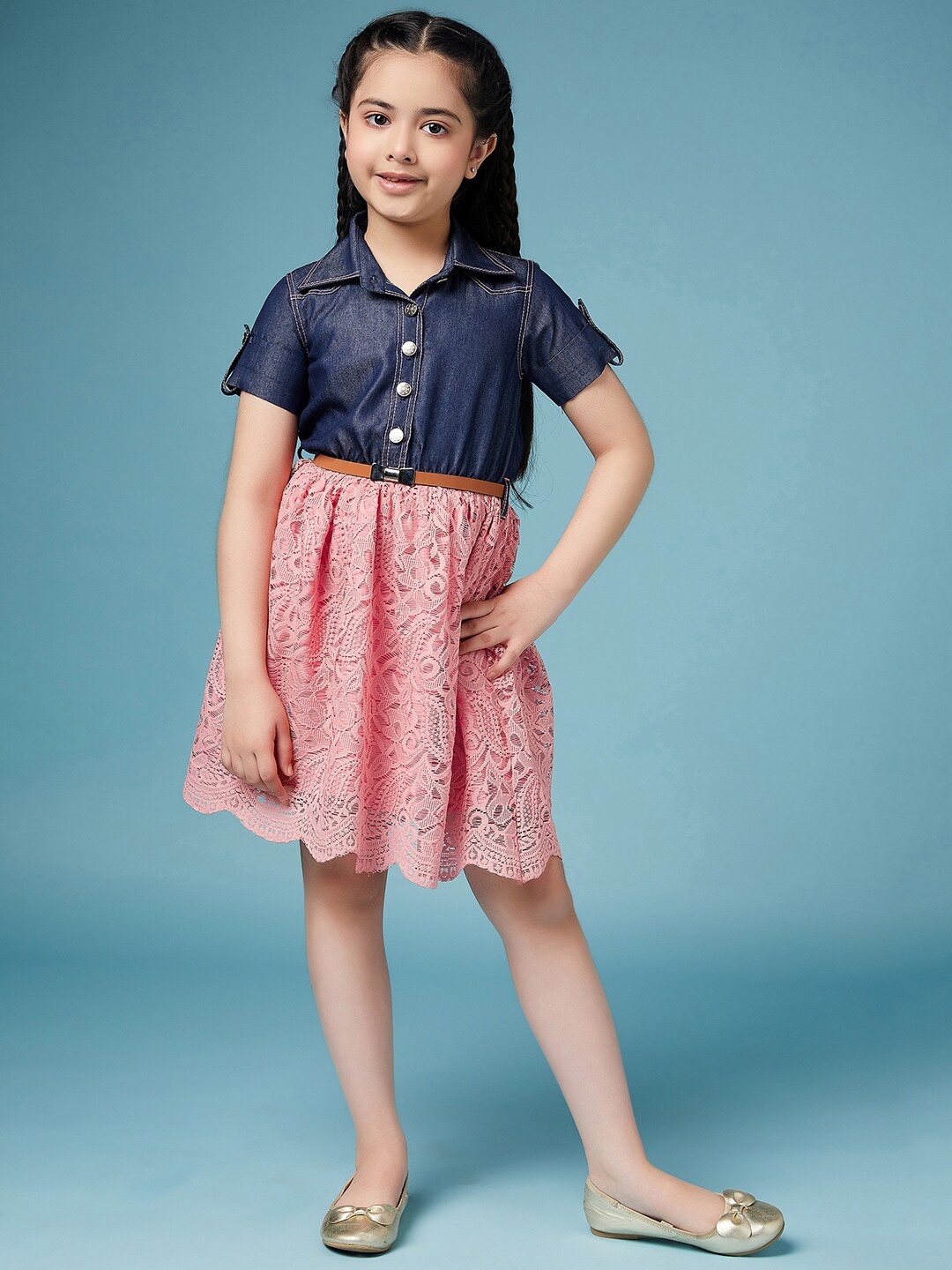 

pspeaches Girls Laced Floral Denim Shirt Dress, Pink