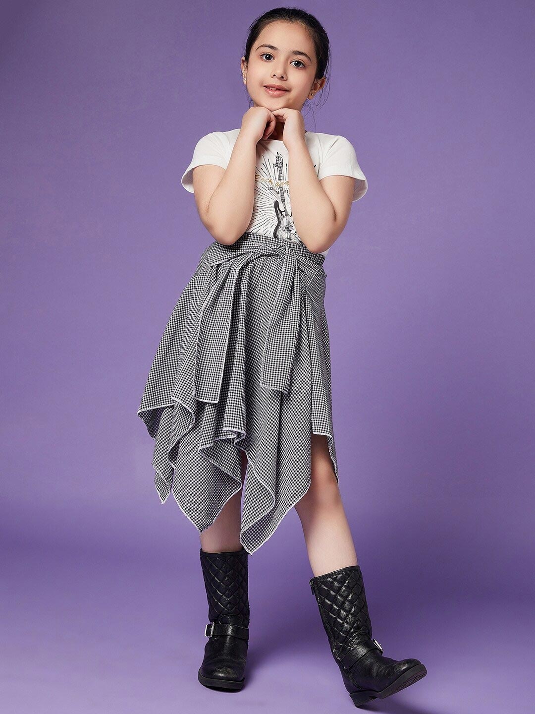 

pspeaches Girls Pure Cotton Top With Checked Skirt, White