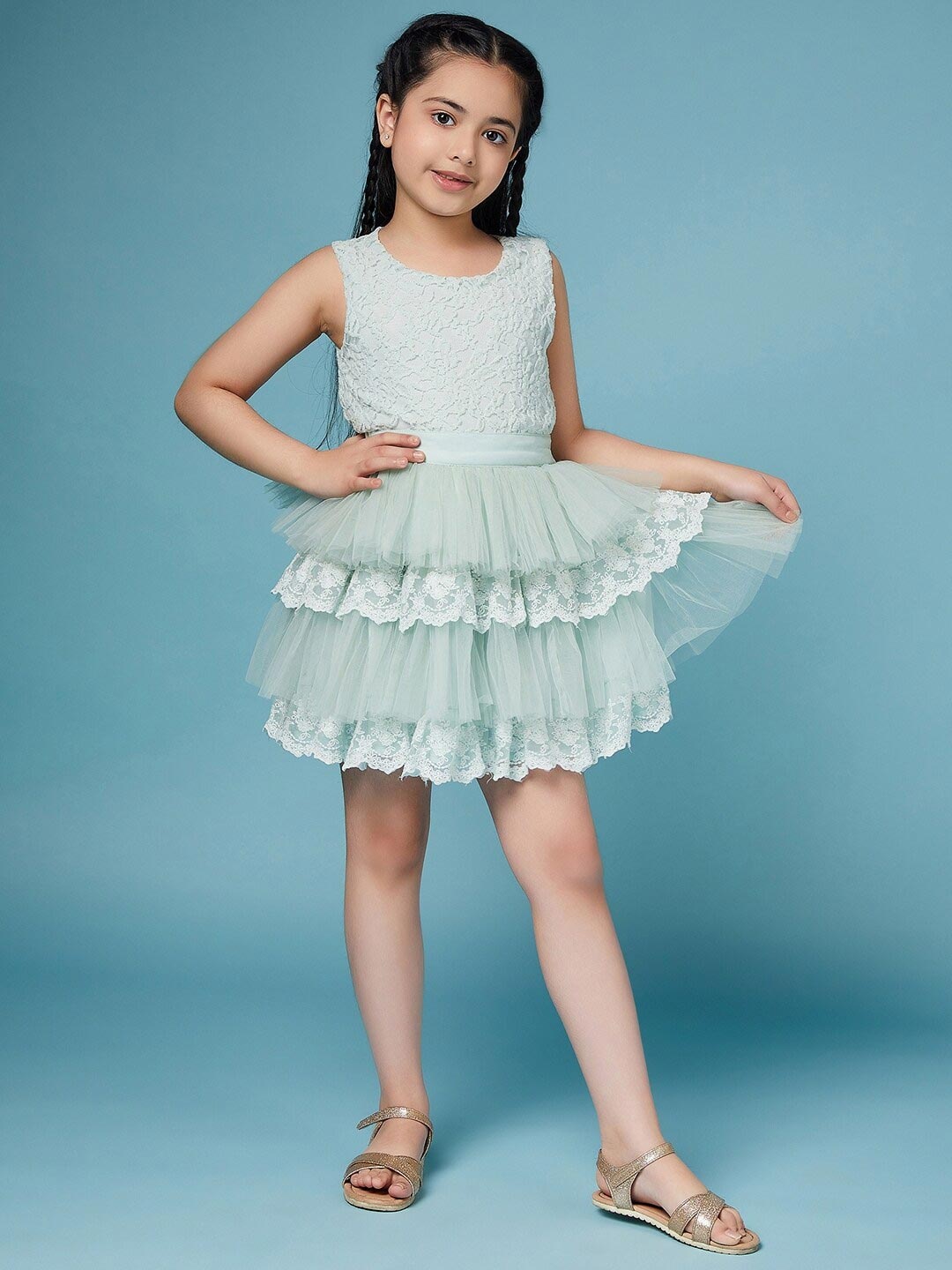 

pspeaches Girls Self Design Sleeveless Top with Skirt, Green