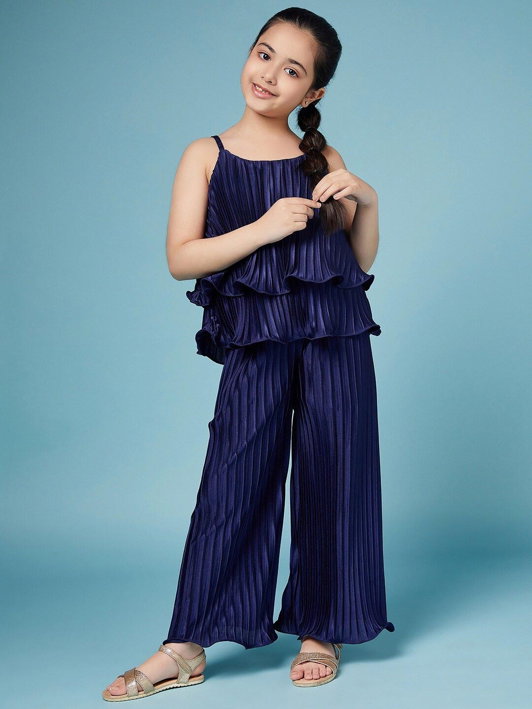 

pspeaches Girls Self Design Sleeveless Top with Palazzos, Navy blue
