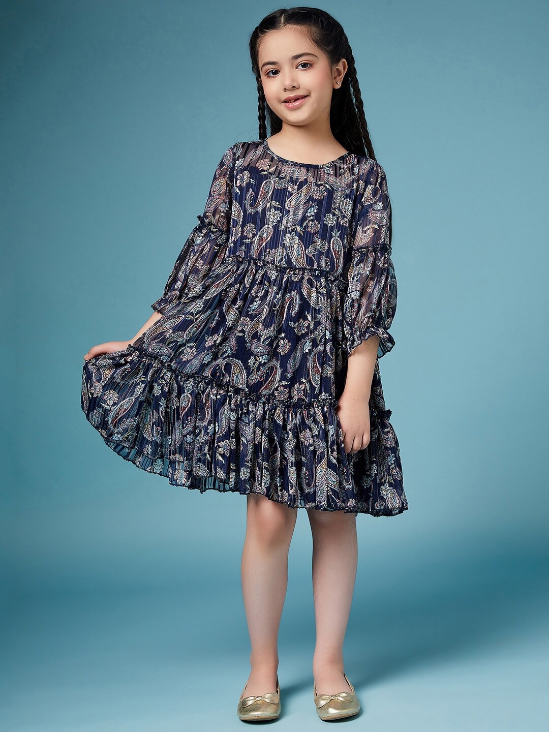 

pspeaches Girls Ethnic Motifs Printed Georgette A-Line Dress, Navy blue