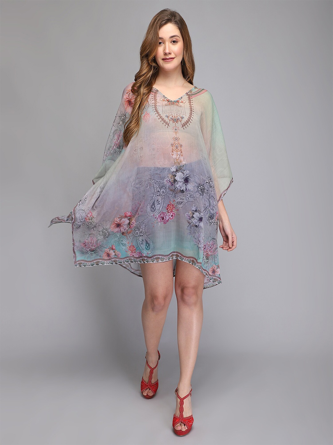 

Aditi Wasan Floral Printed Tie-Up Neck Semi Sheer Kaftan Dress, Green