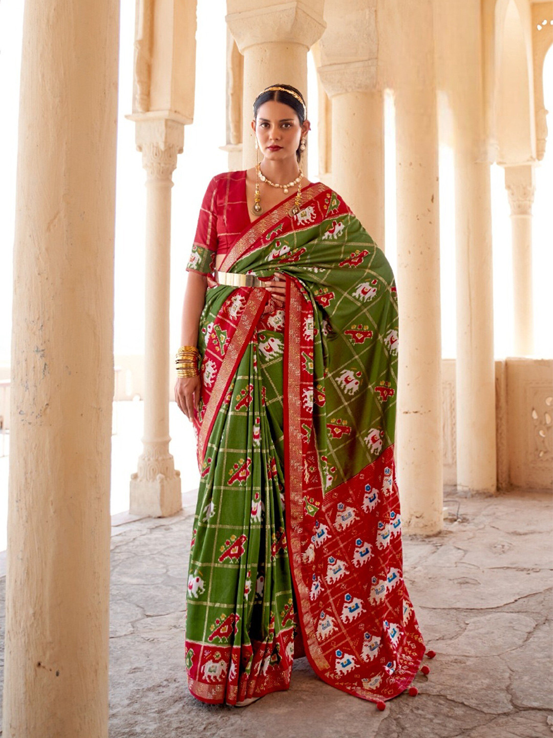 

Mitera Ethnic Motifs Printed Zari Pure Silk Patola Saree, Green