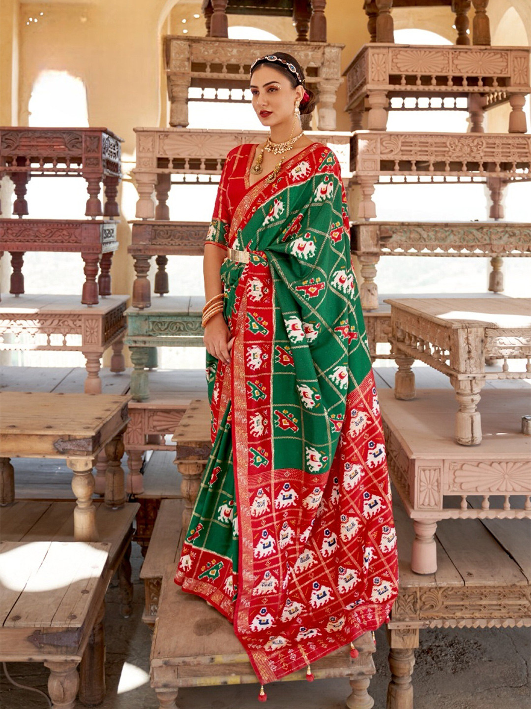 

Mitera Ethnic Motifs Zari Pure Silk Patola Saree, Green