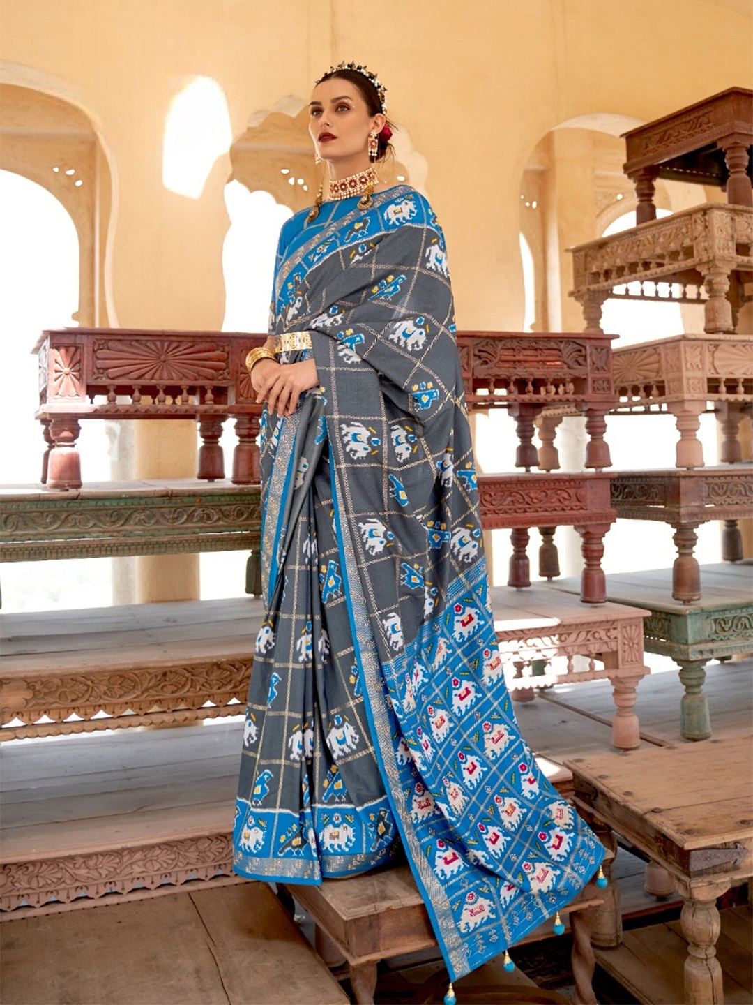 

Mitera Ethnic Motifs Printed Zari Pure Silk Patola Saree, Grey