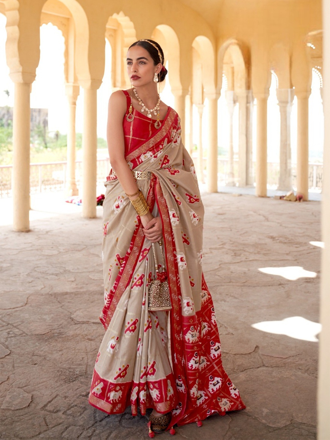 

Mitera Ethnic Motifs Zari Pure Silk Patola Saree, Beige