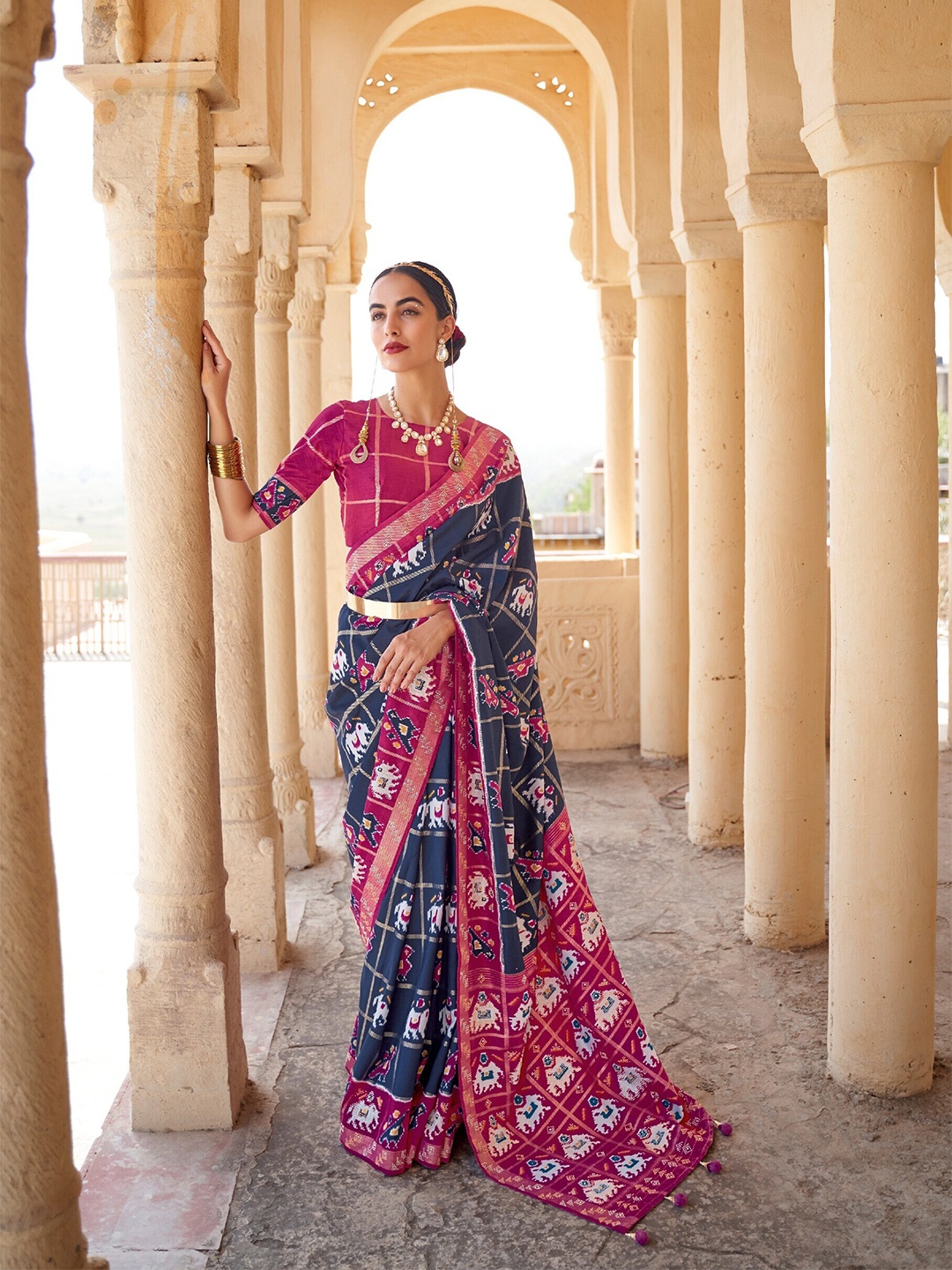 

Mitera Ethnic Motifs Zari Pure Silk Patola Saree, Blue