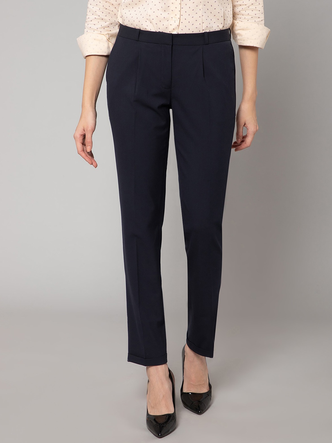 

Crozo By Cantabil Women Mid-Rise Pleated Trousers, Navy blue