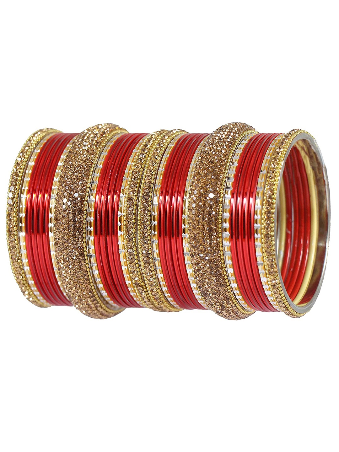 

NMII Set of 30 Zircon Stone Studded Metal Bangles, Red