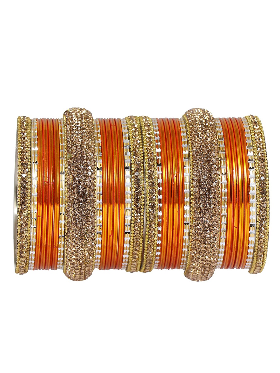 

NMII Set Of 30 Glossy Chuda Stone Studded Bangles, Orange
