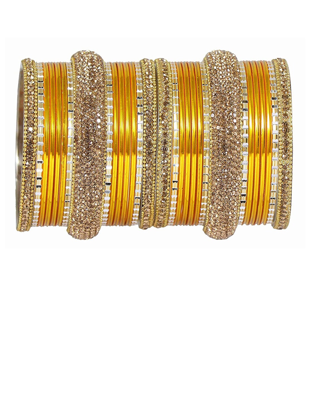 

NMII Set Of 30 Stone-Studded & Linked with Ball Chain Chuda Bangles, Mustard