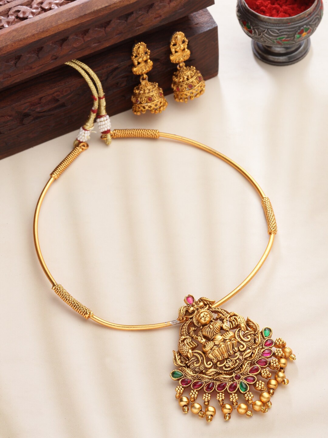 

PANASH Women Gold-Plated Stone-Studded & Beaded Necklace and Earrings, Pink