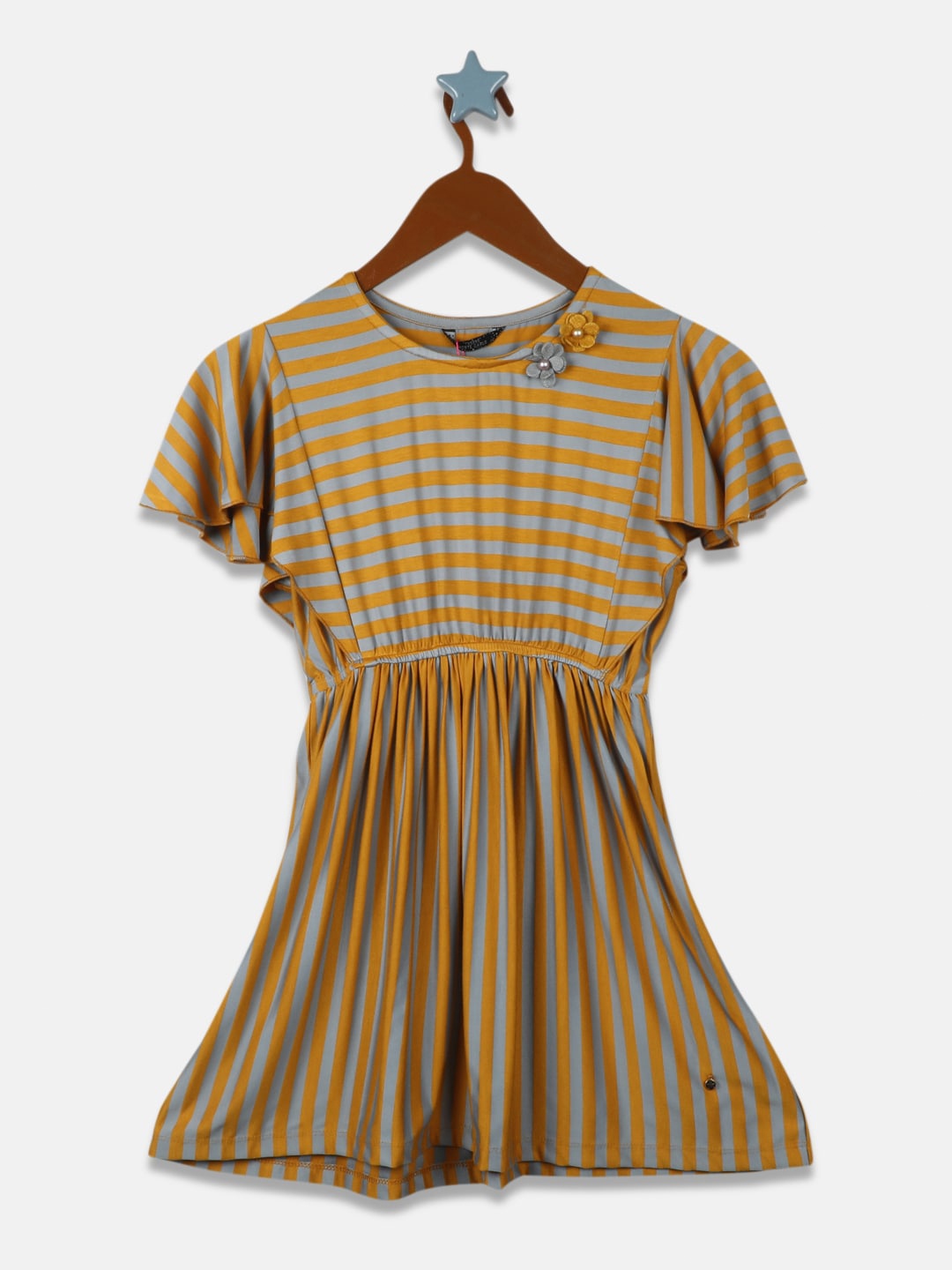 

Monte Carlo Striped Flared Sleeve Fit And Flare Cotton Dress, Mustard