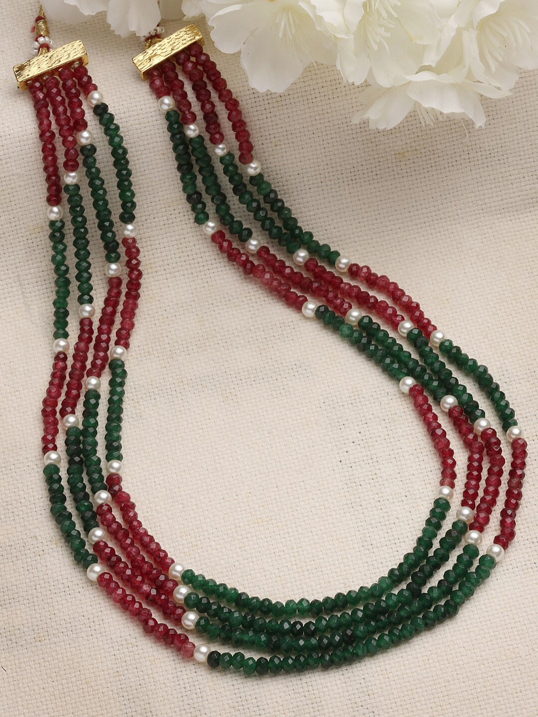 

PANASH Gold-Plated Red & Green Multilayered beaded Necklace