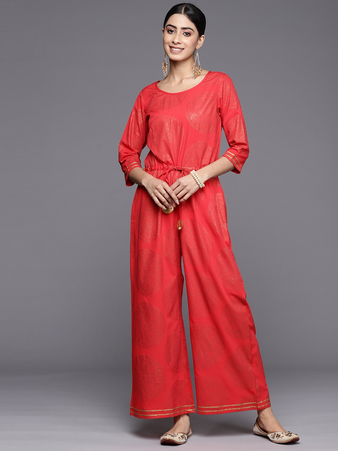 

Ahalyaa Printed Crepe Basic Jumpsuit With Waist Tie-Ups, Red