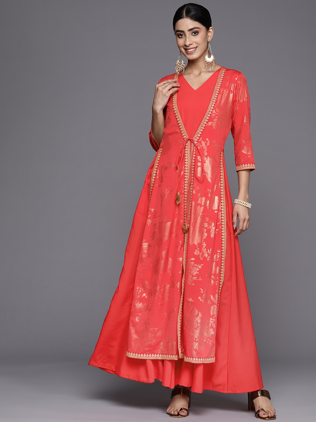 

Ahalyaa Floral Printed Ethnic Maxi Dress, Red