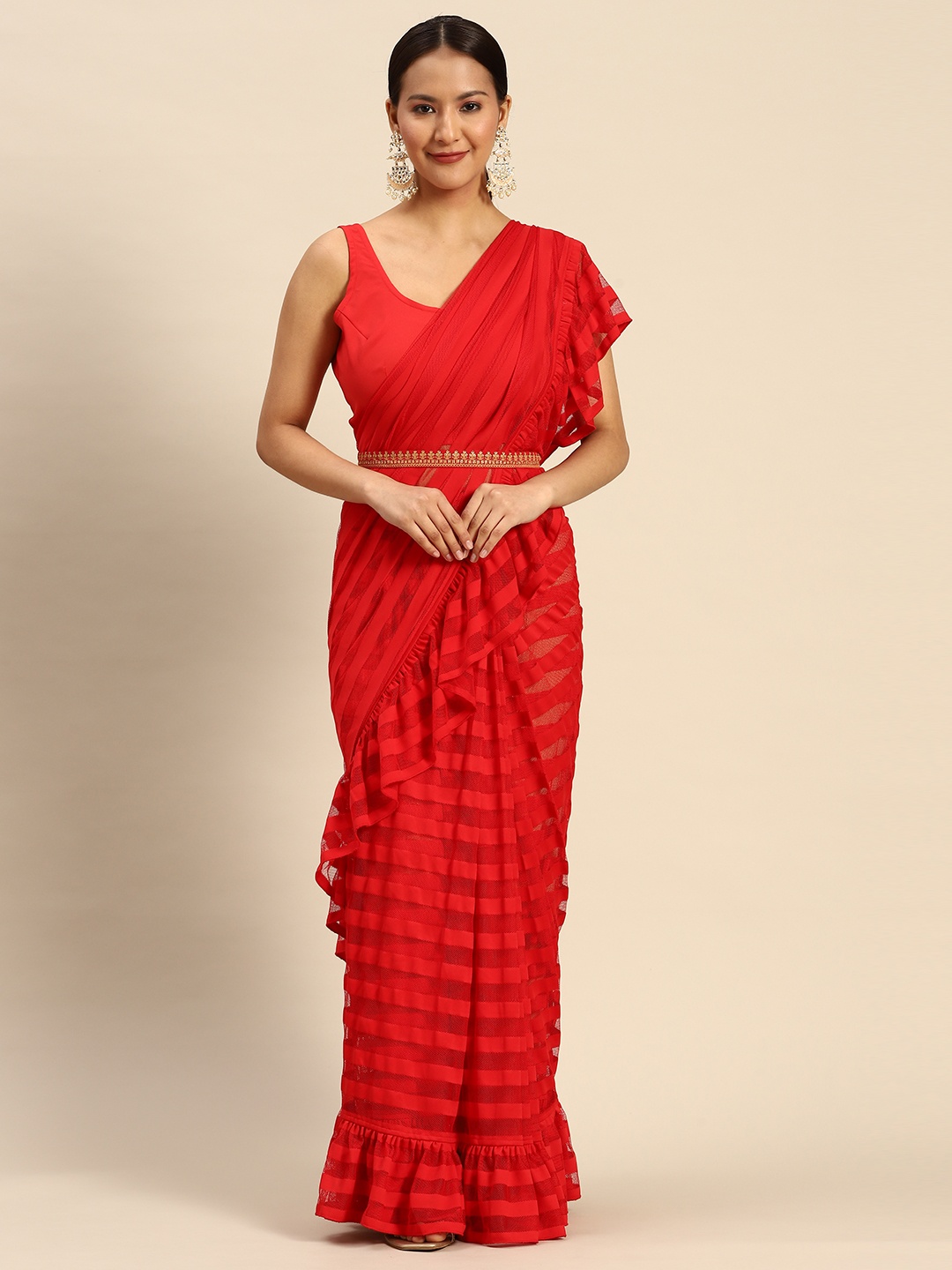 

Ahalyaa Striped Net Ready To Wear Saree, Red