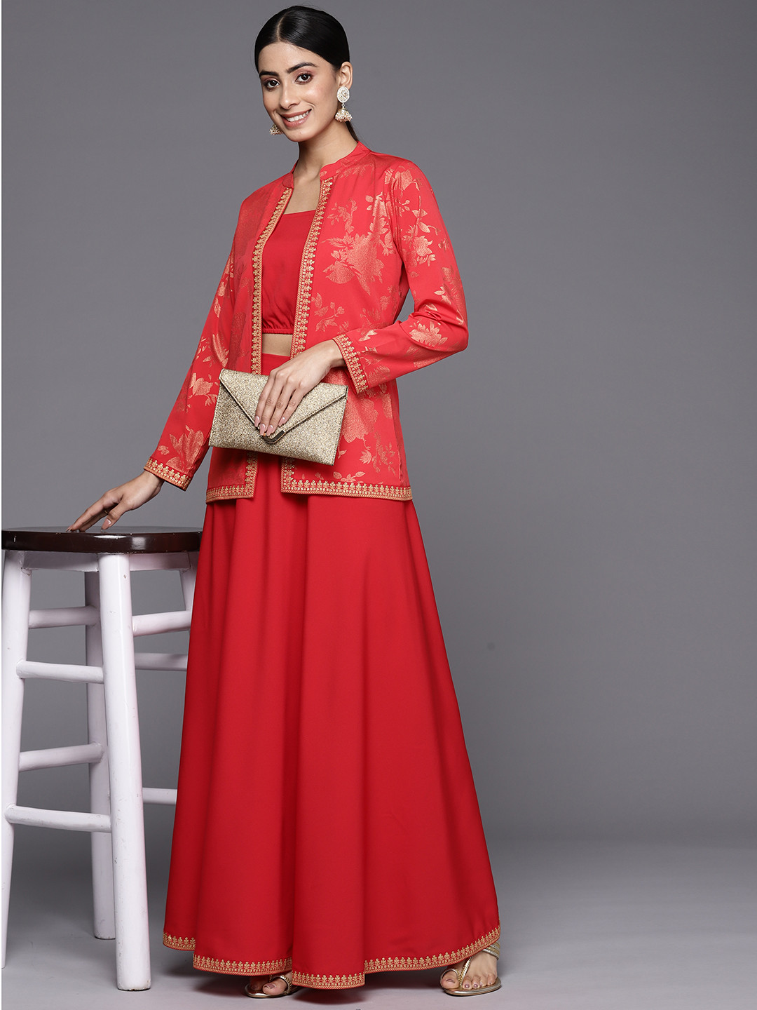 

Ahalyaa Crepe Top With Skirt & Jacket, Red