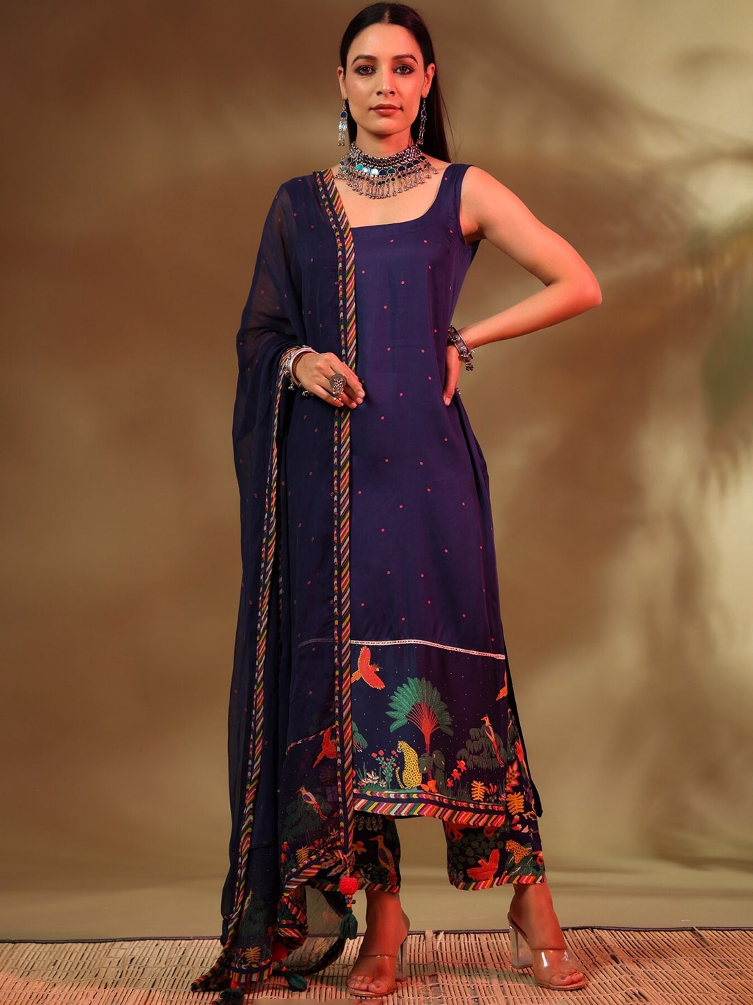 

Baise Gaba Women Ethnic Motifs Printed Straight Kurta with Trousers & Dupatta, Navy blue