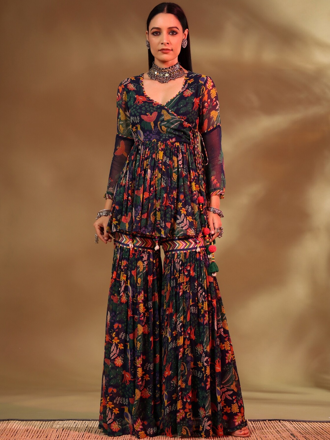 

Baise Gaba Women Floral Printed Angrakha Kurti with Sharara Set, Blue