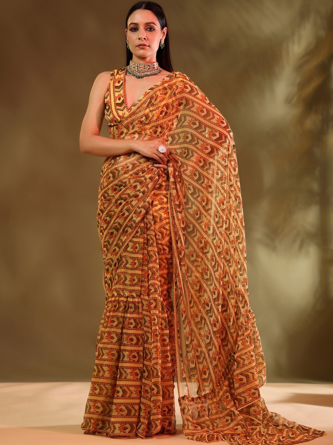 

Baise Gaba Yellow & Green Ethnic Motifs Saree