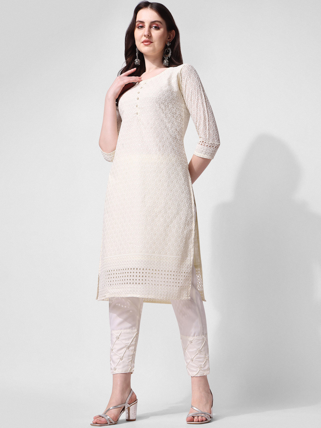 

Berrylicious Embroidered Sequinned Pure Cotton Kurta with Trousers, White