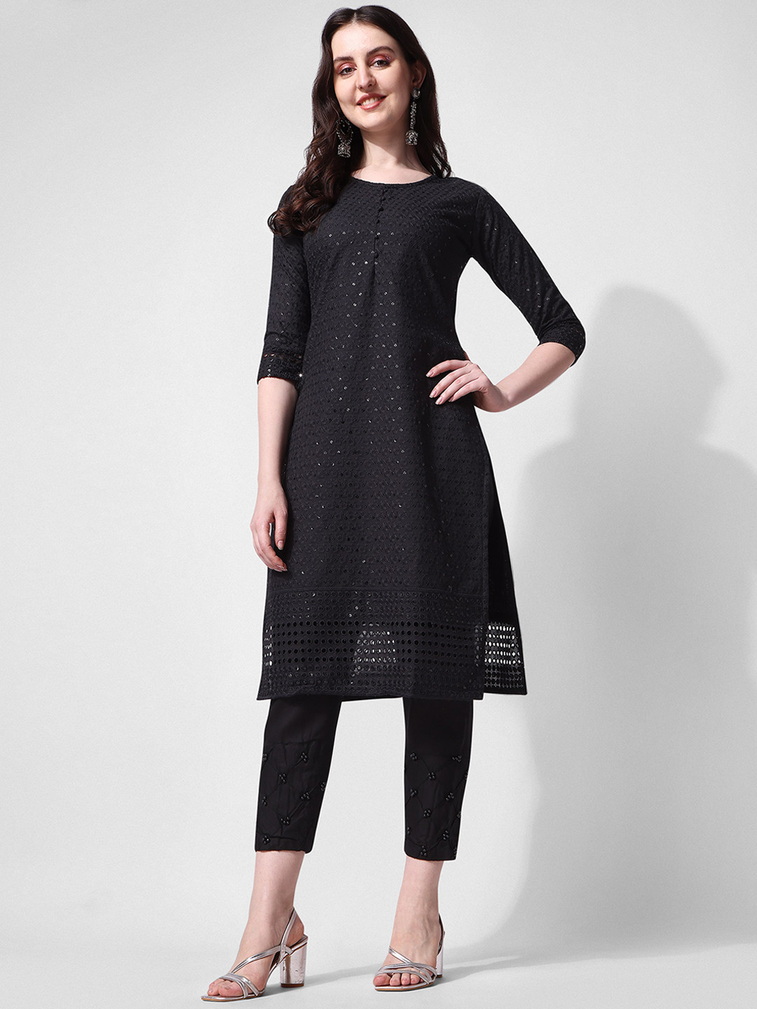 

Berrylicious Embroidered Sequinned Pure Cotton Kurta with Trousers, Black