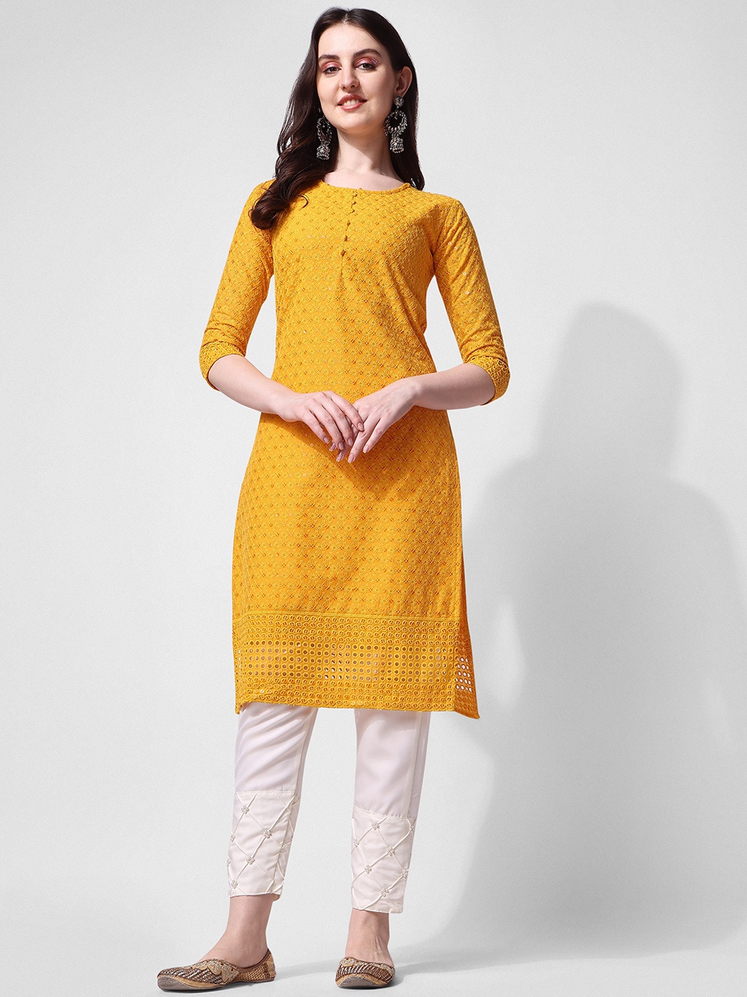 

Berrylicious Embroidered Sequinned Pure Cotton Kurta with Trousers, Mustard