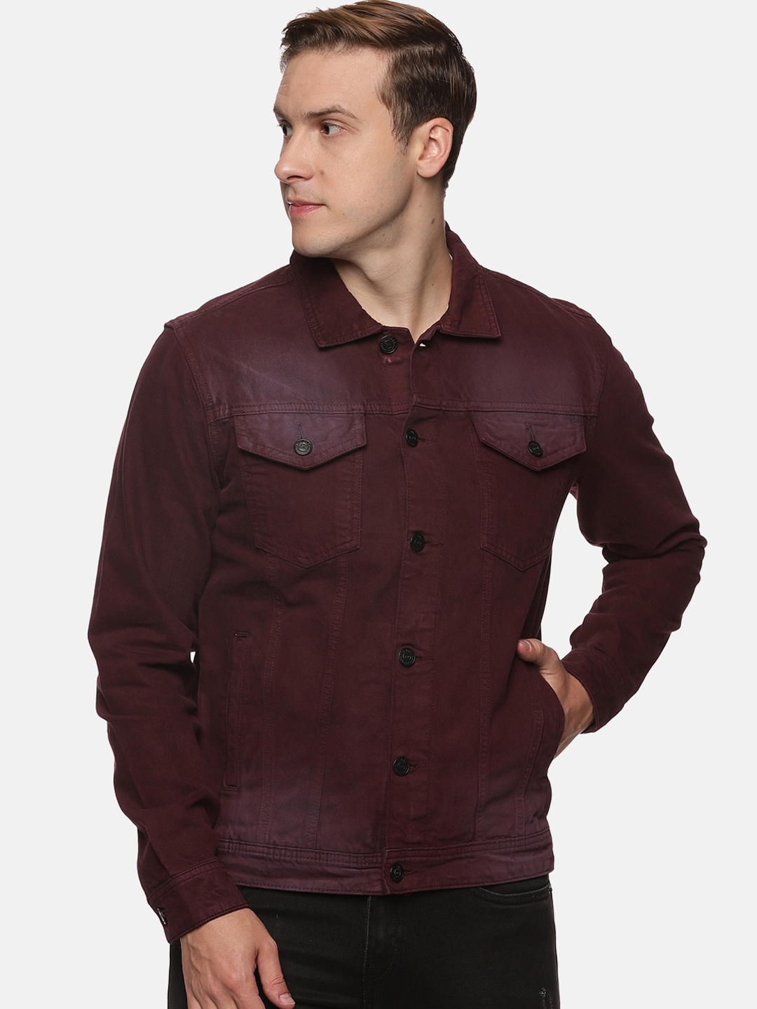 

Old Grey Men Maroon Washed Outdoor Denim Jacket