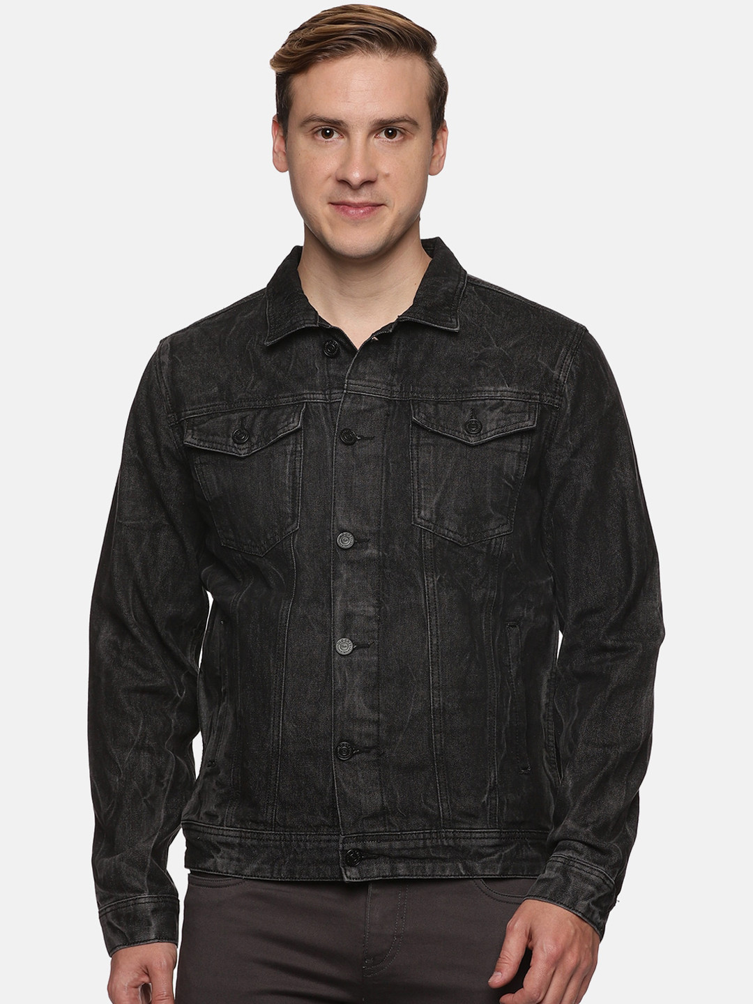 

Old Grey Men Spread Collar Cotton Outdoor Denim Jacket, Black