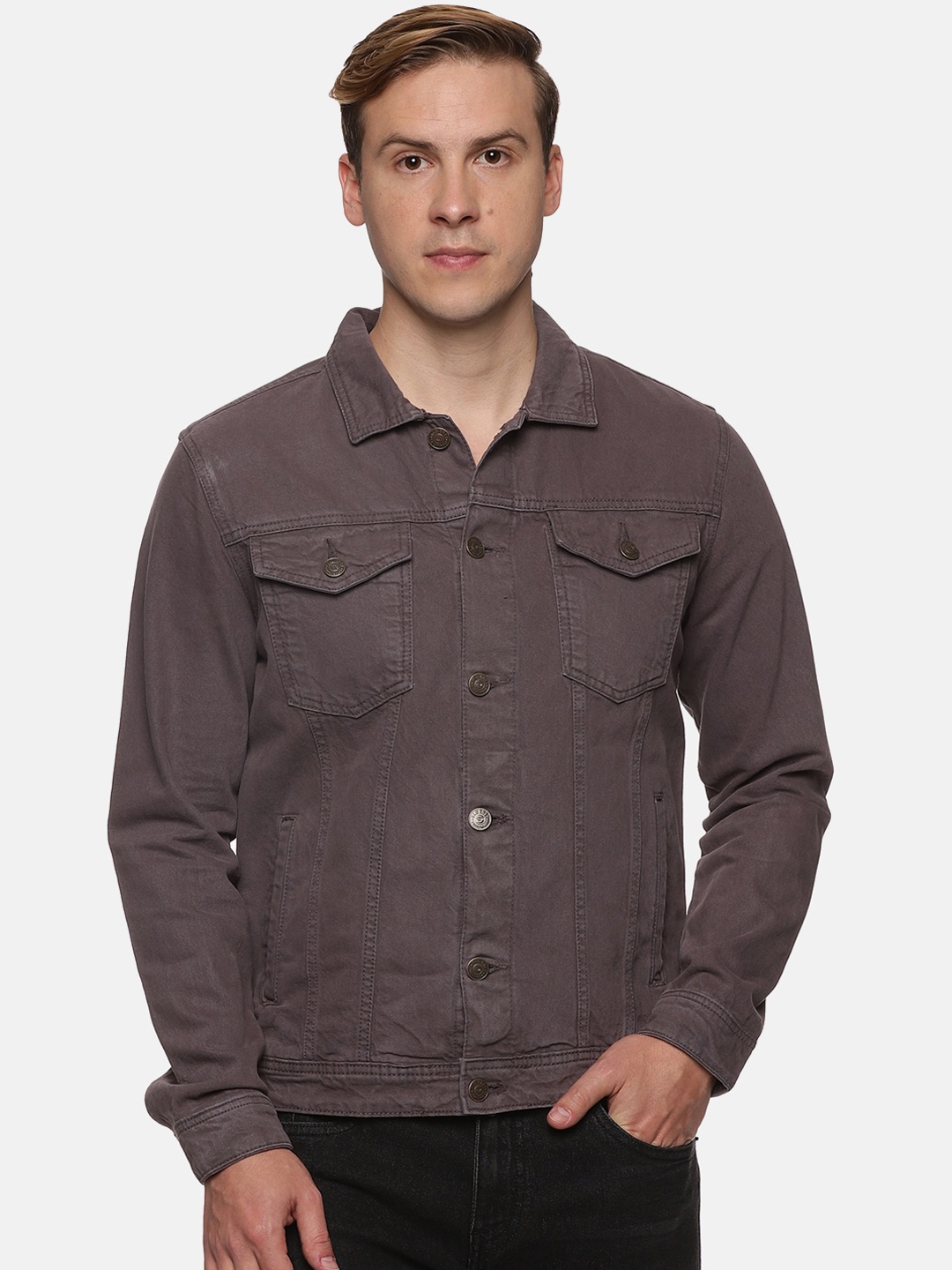 

Old Grey Men Spread Collar Pure Cotton Denim Jacket, Mauve