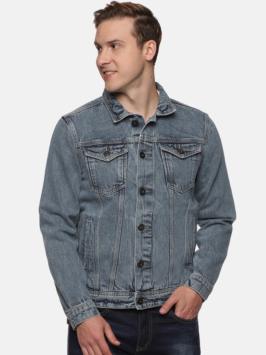 

Old Grey Men Washed Cotton Outdoor Denim Jacket, Blue