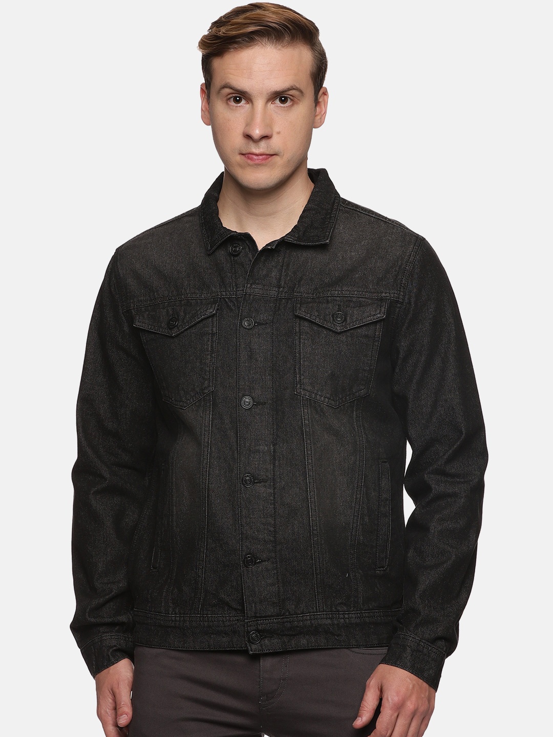 

Old Grey Men Cotton Denim Jacket, Black