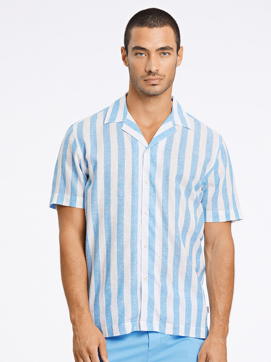 

LINDBERGH Men Slim Fit Striped Linen Cotton Casual Shirt, Blue