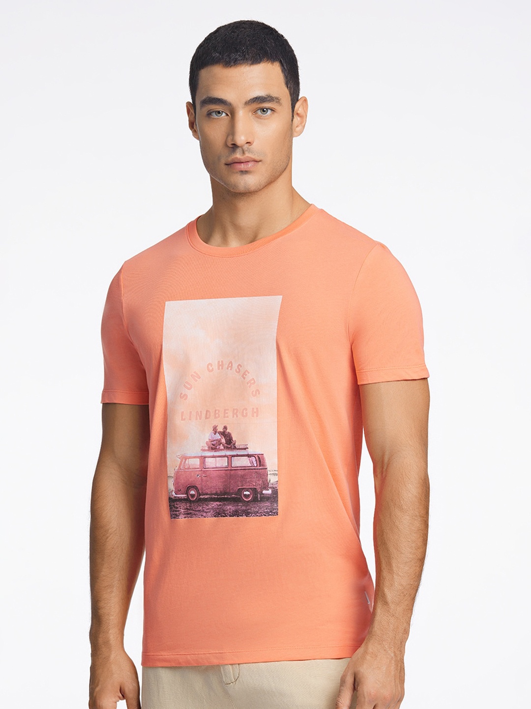 

LINDBERGH Men Graphic Printed Pure Cotton T-Shirt, Peach