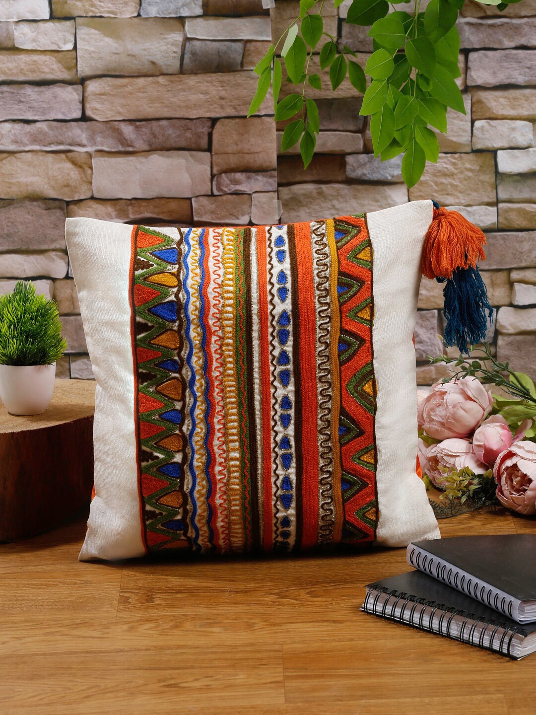 

NISRAG HOME Orange & White Embroidered Cotton Square Cushion Cover