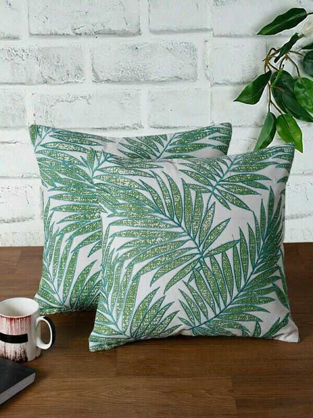 

NISRAG HOME White & Green 2 Pieces Cotton Embroidered Square Cushion Covers