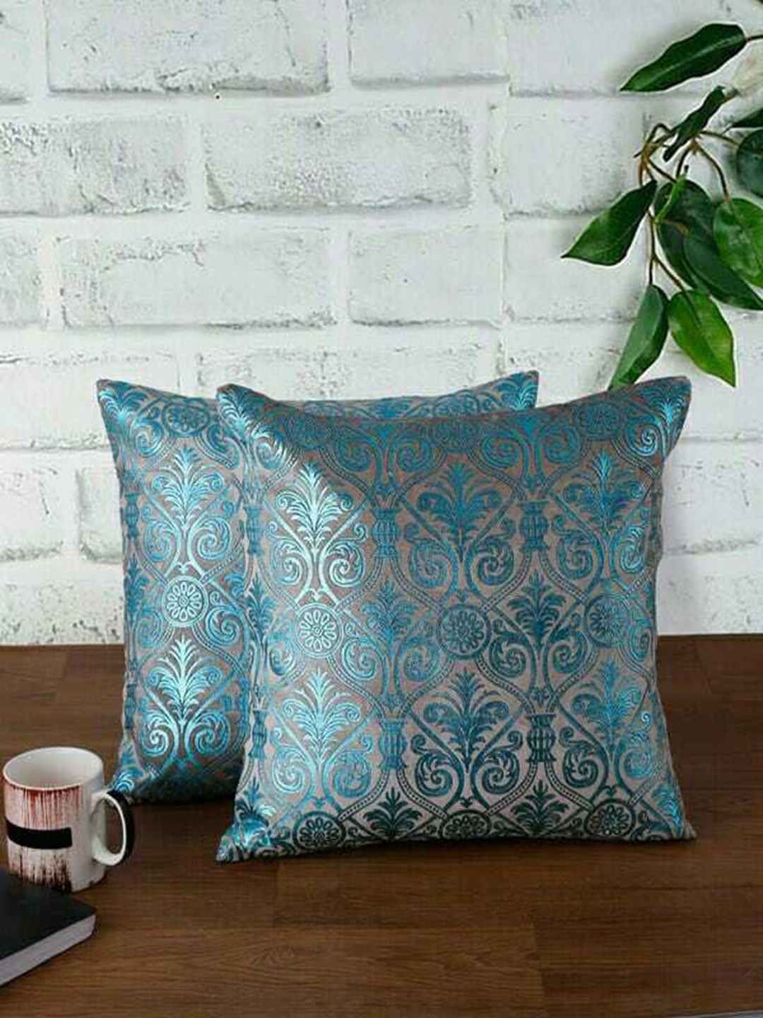 

NISRAG HOME Blue & Grey 2 Pieces Embroidered Cotton Square Cushion Covers