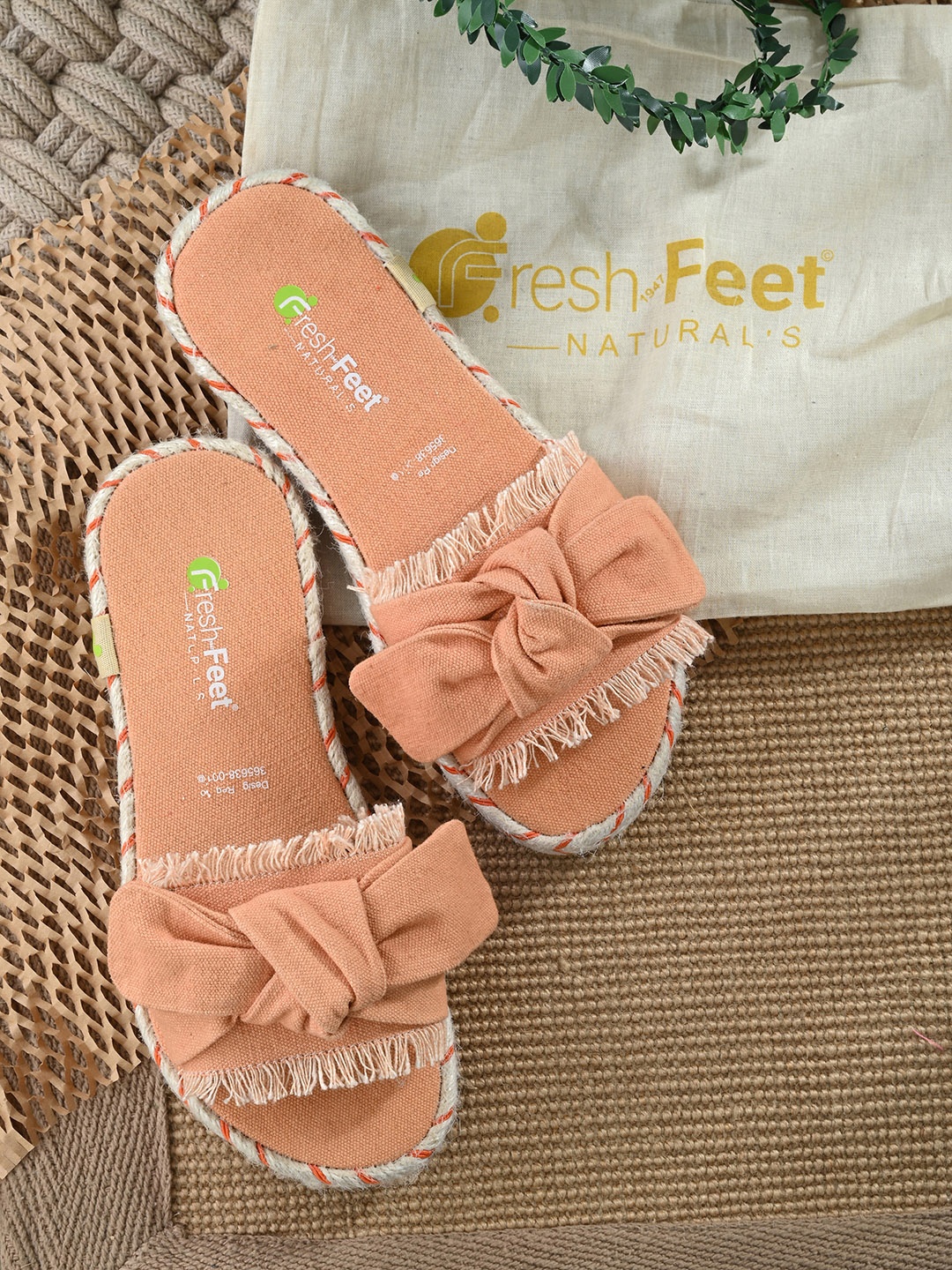 

FRESH 1947 FEET Women Canvas Open Toe Flats With Bows, Peach