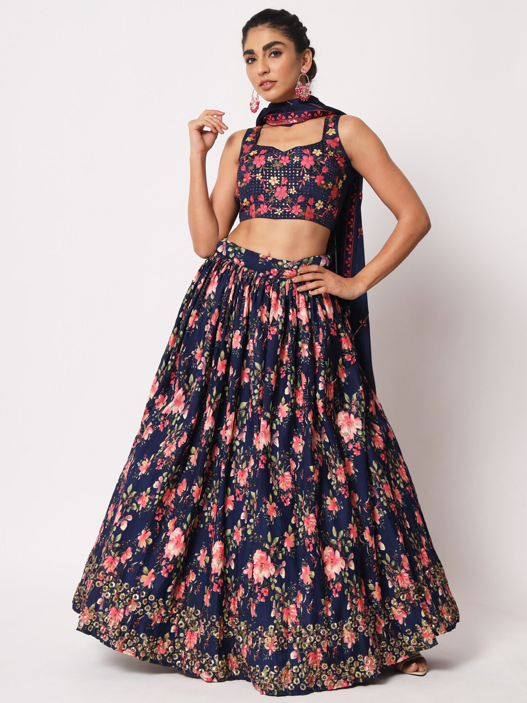 

SHUBHKALA Embroidered Semi-Stitched Lehenga Choli With Dupatta, Navy blue