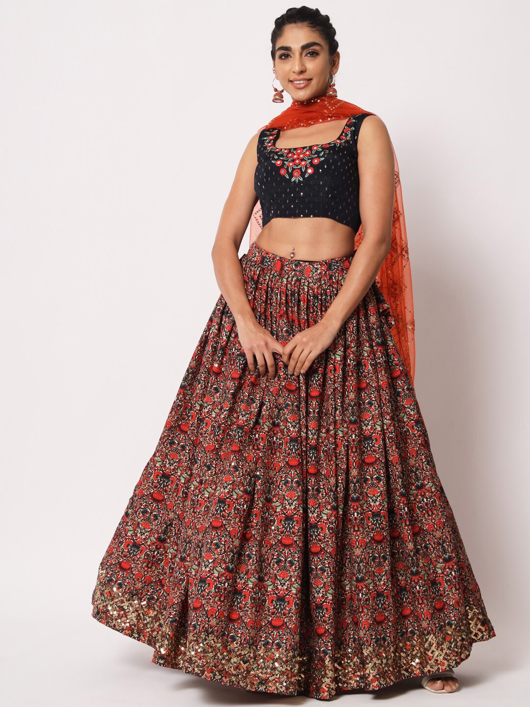 

SHUBHKALA Embroidered Mirror Work Semi-Stitched Lehenga & Unstitched Blouse With Dupatta, Black