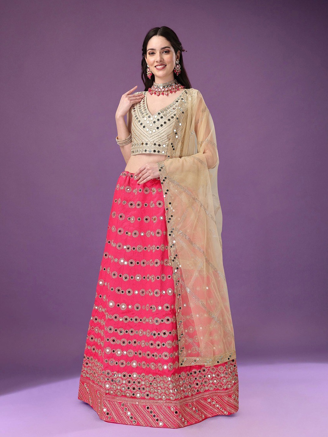

Angroop Embellished Mirror Work Semi-Stitched Lehenga Choli With Dupatta, Pink