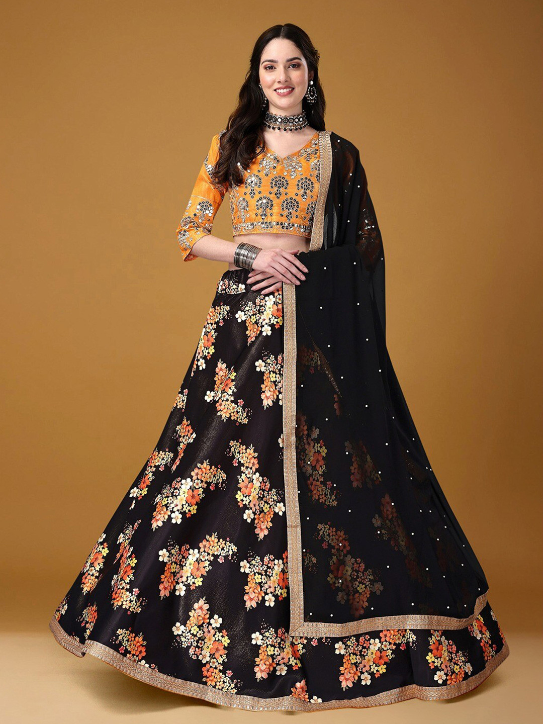 

Angroop Embellished Sequinned Semi-Stitched Lehenga Choli With Dupatta, Black