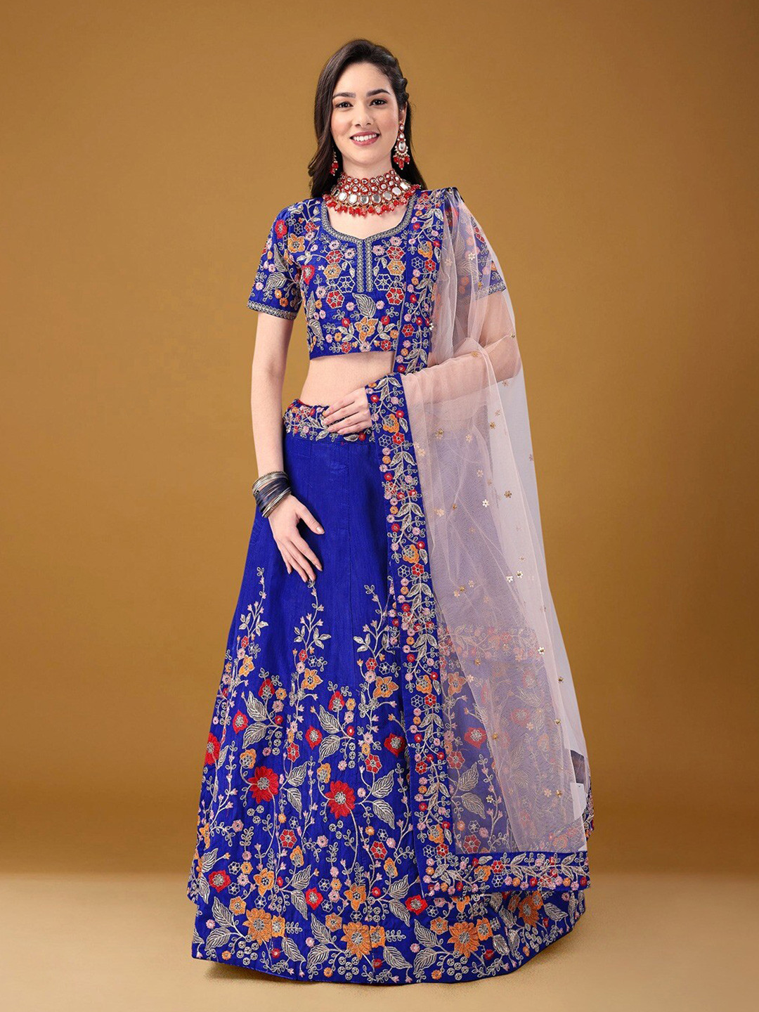 

Angroop Embroidered Thread Work Semi-Stitched Lehenga Choli With Dupatta, Blue