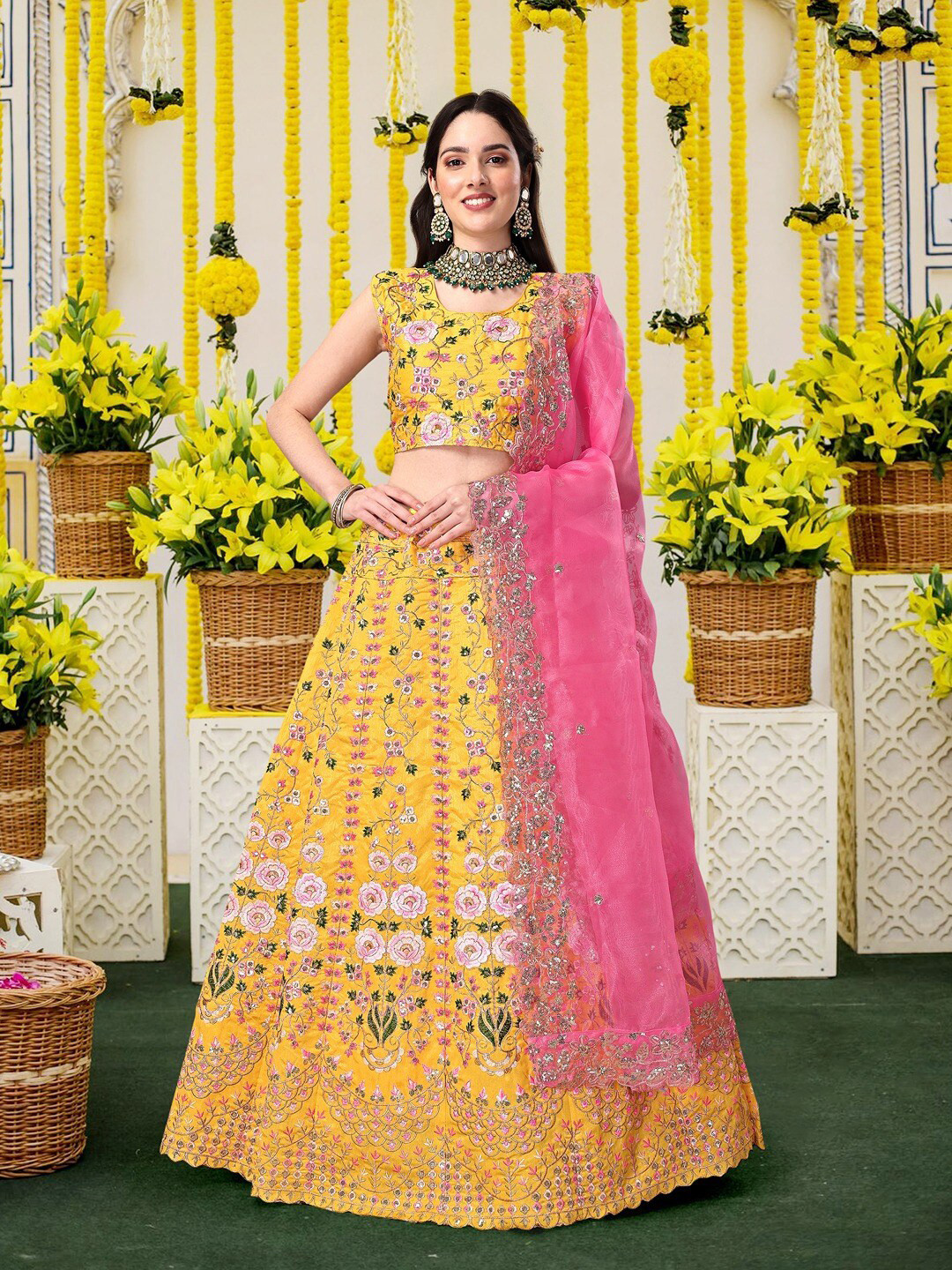 

Angroop Embroidered Sequinned Semi-Stitched Lehenga Choli With Dupatta, Yellow