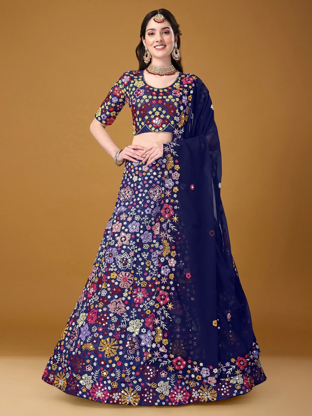 

Angroop Embroidered Mirror Work Semi-Stitched Lehenga & Unstitched Blouse With Dupatta, Blue