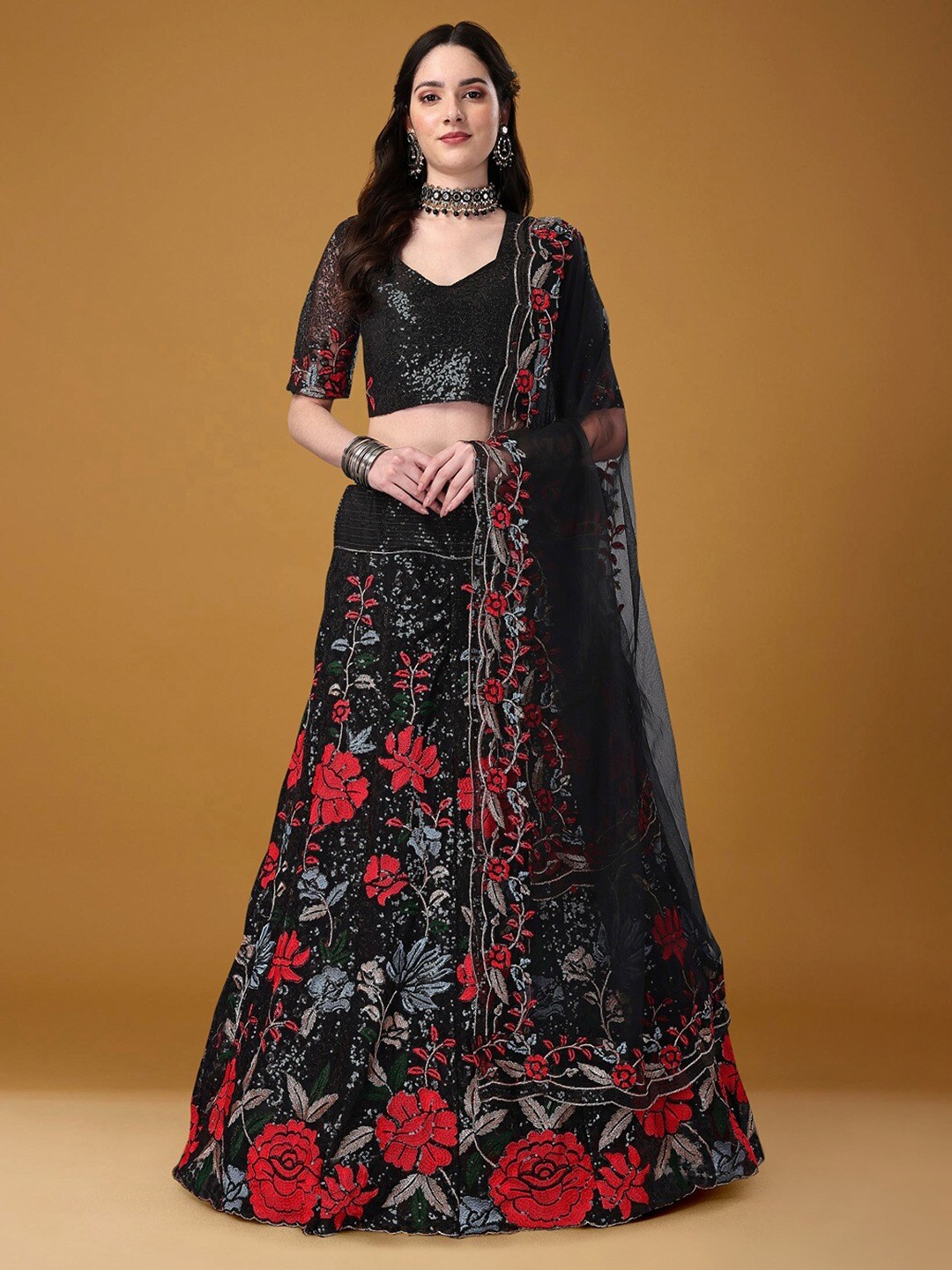 

Angroop Embellished Sequinned Semi-Stitched Lehenga Choli With Dupatta, Black