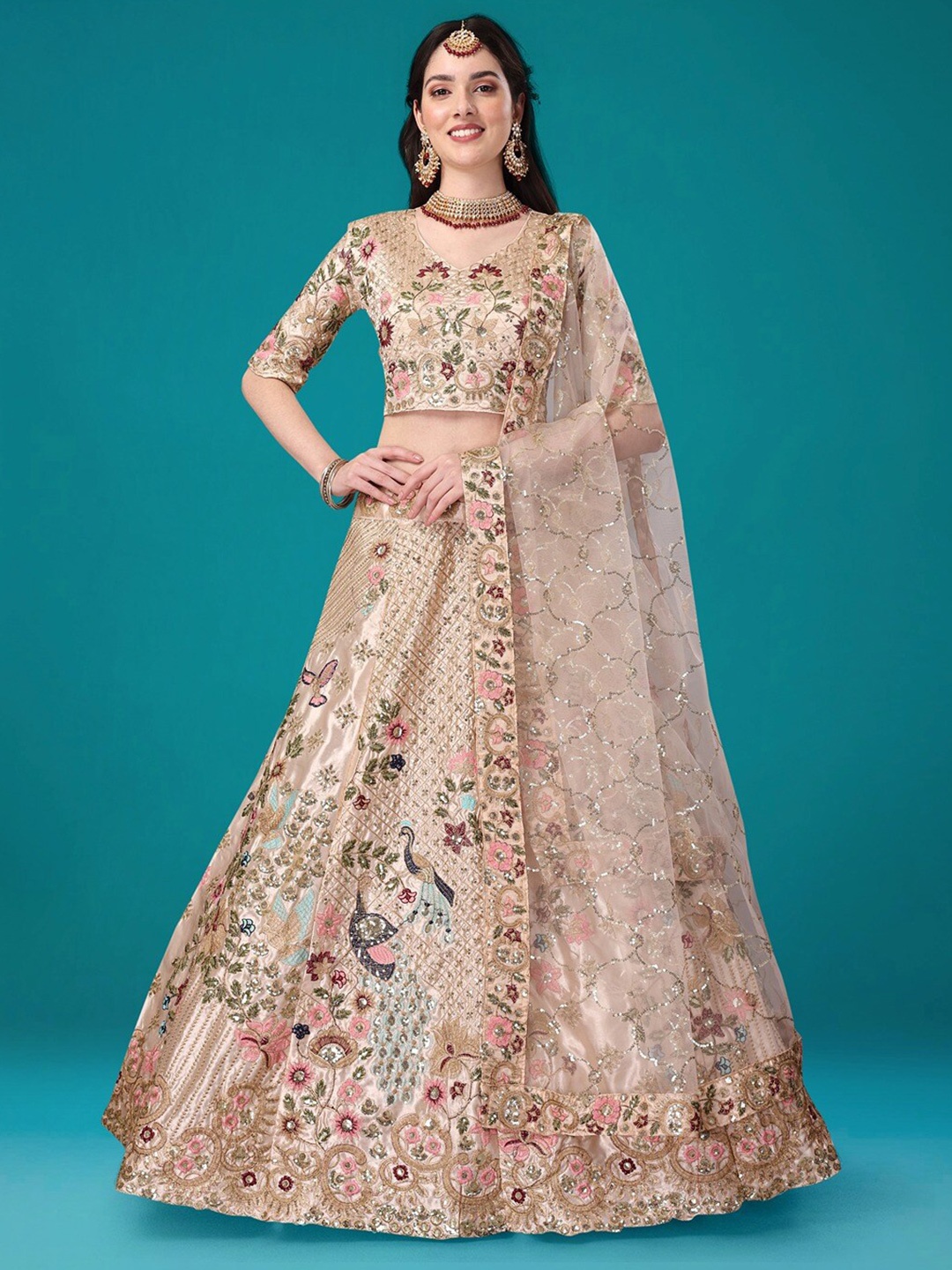 

Angroop Embroidered Sequinned Semi-Stitched Lehenga Choli With Dupatta, Gold