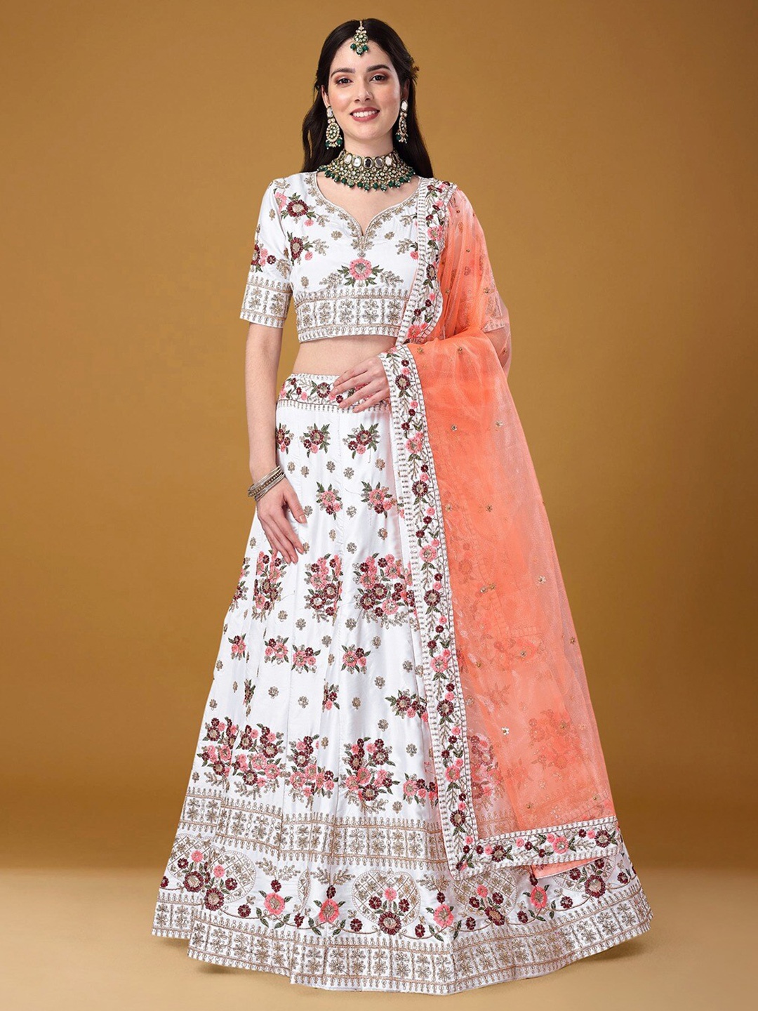 

Angroop Embroidered Thread Work Semi-Stitched Lehenga Choli With Dupatta, White