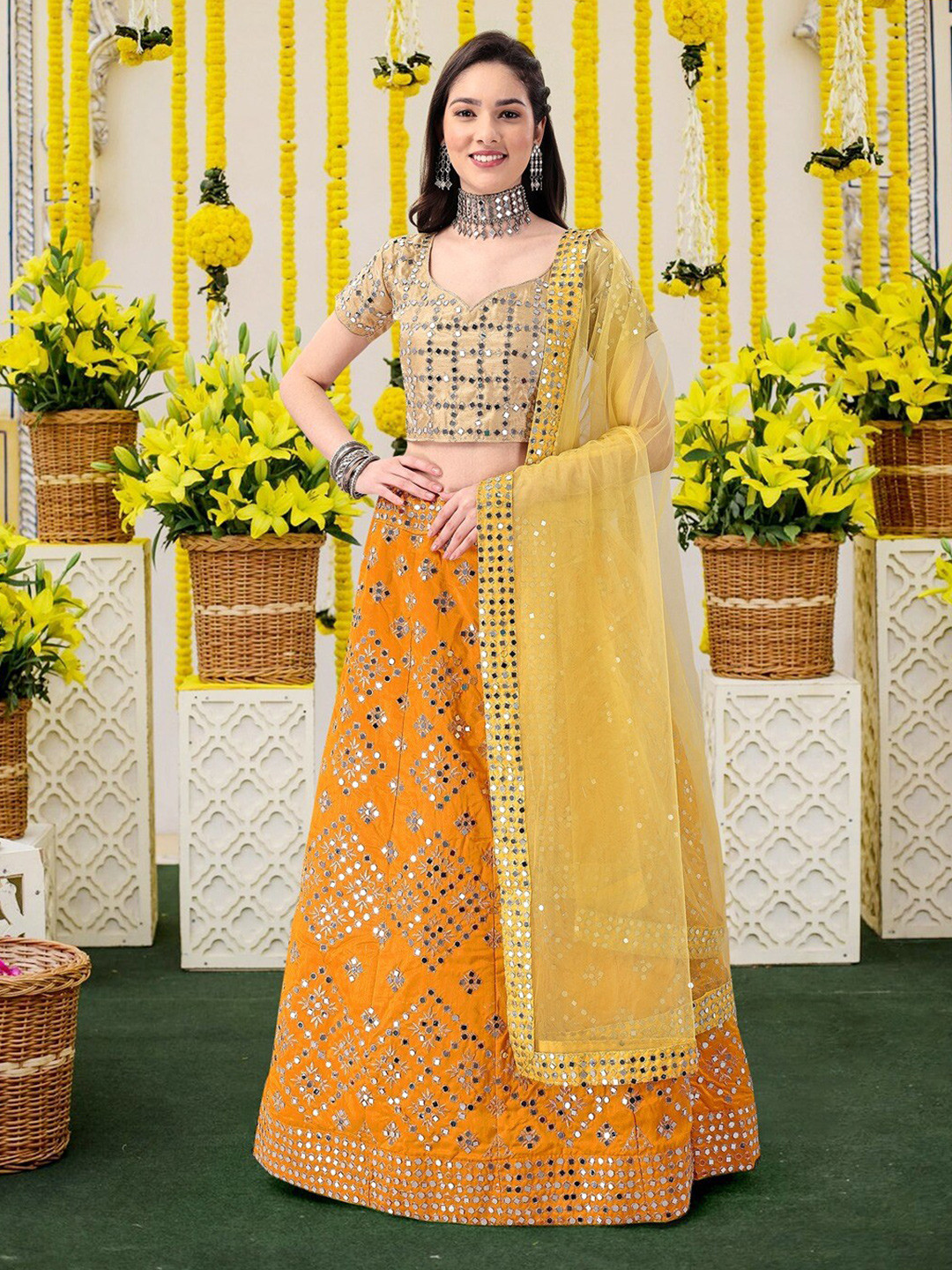 

Angroop Embellished Mirror Work Semi-Stitched Lehenga Choli With Dupatta, Mustard